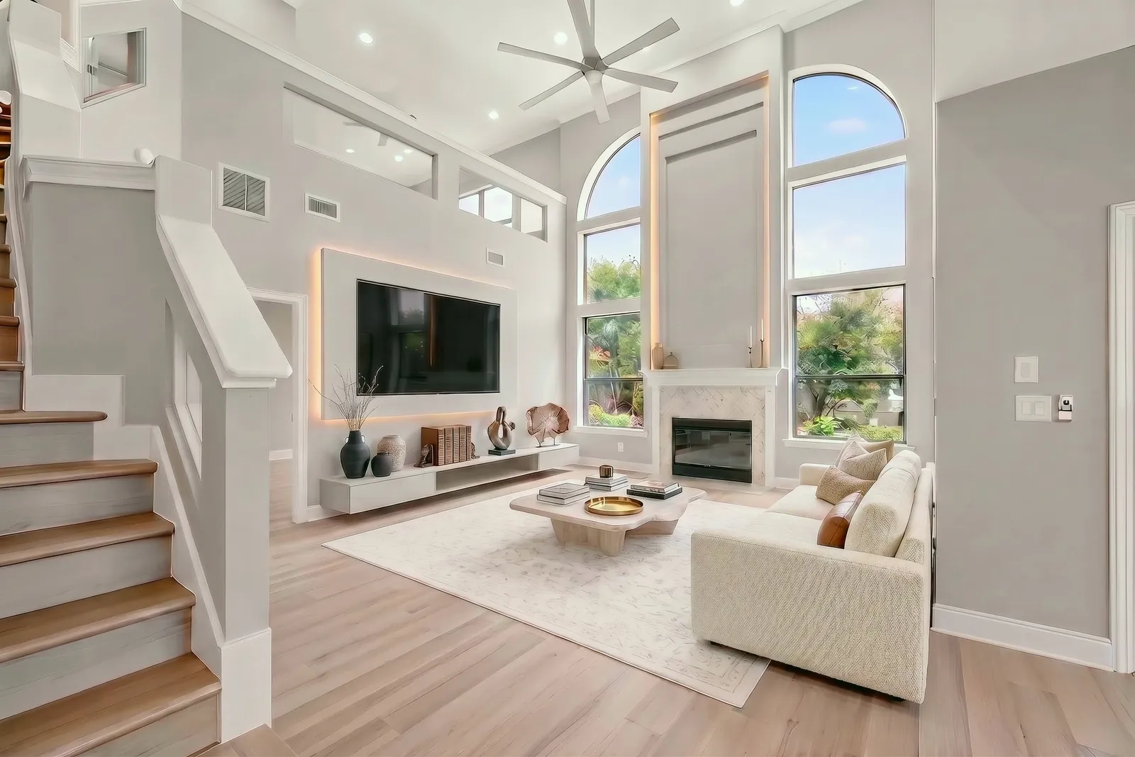 Two-story living room, virtually staged